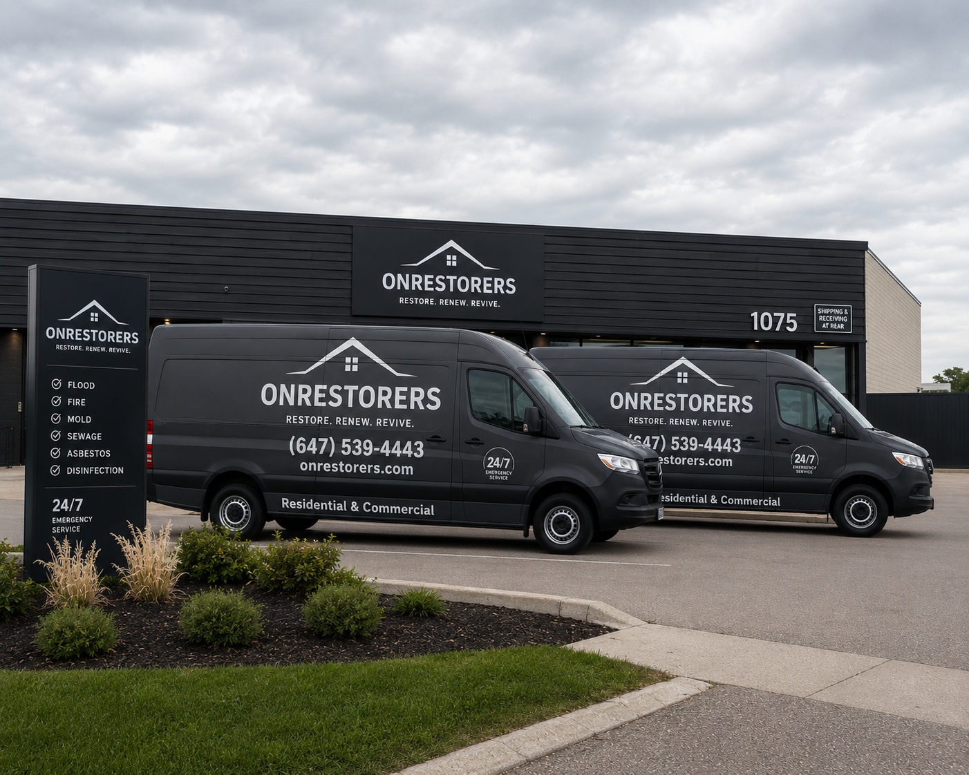 ONRESTORERS service fleet — professional restoration vans