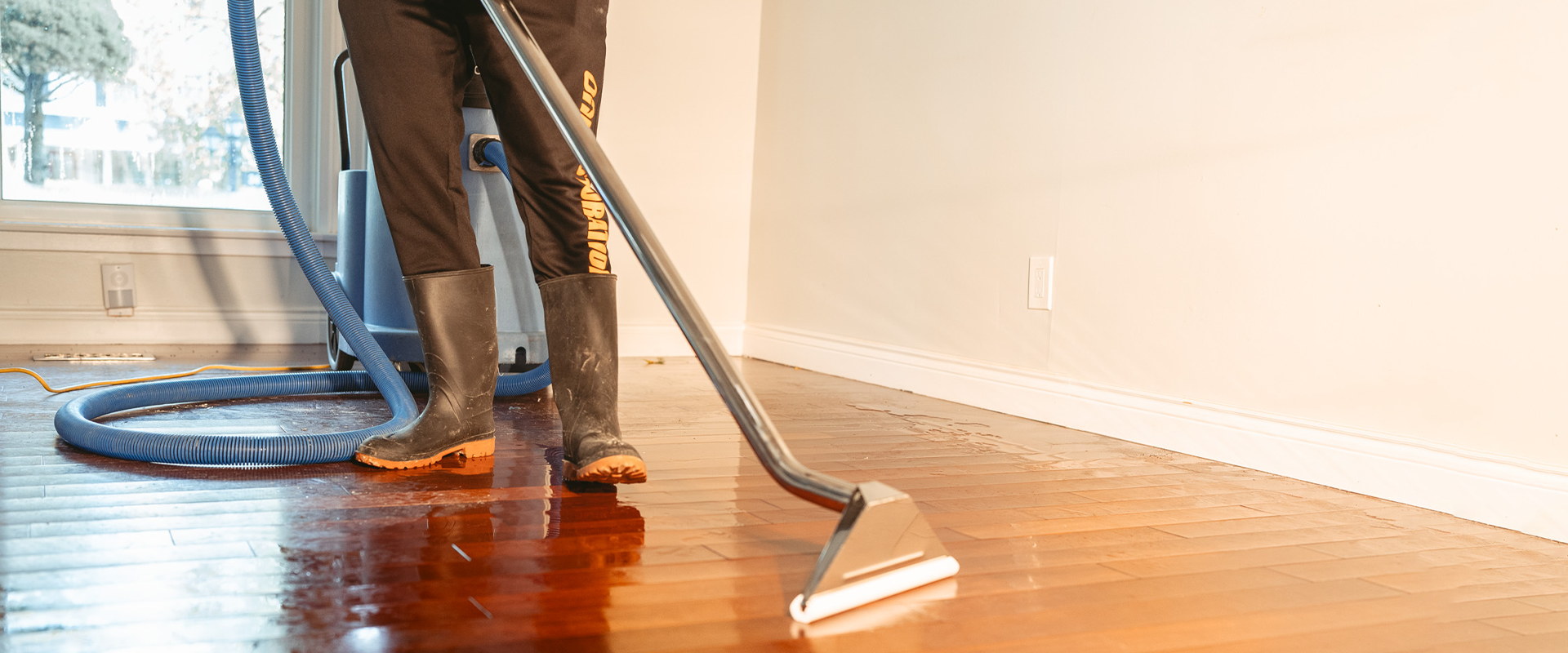Professional water extraction and restoration on hardwood floors